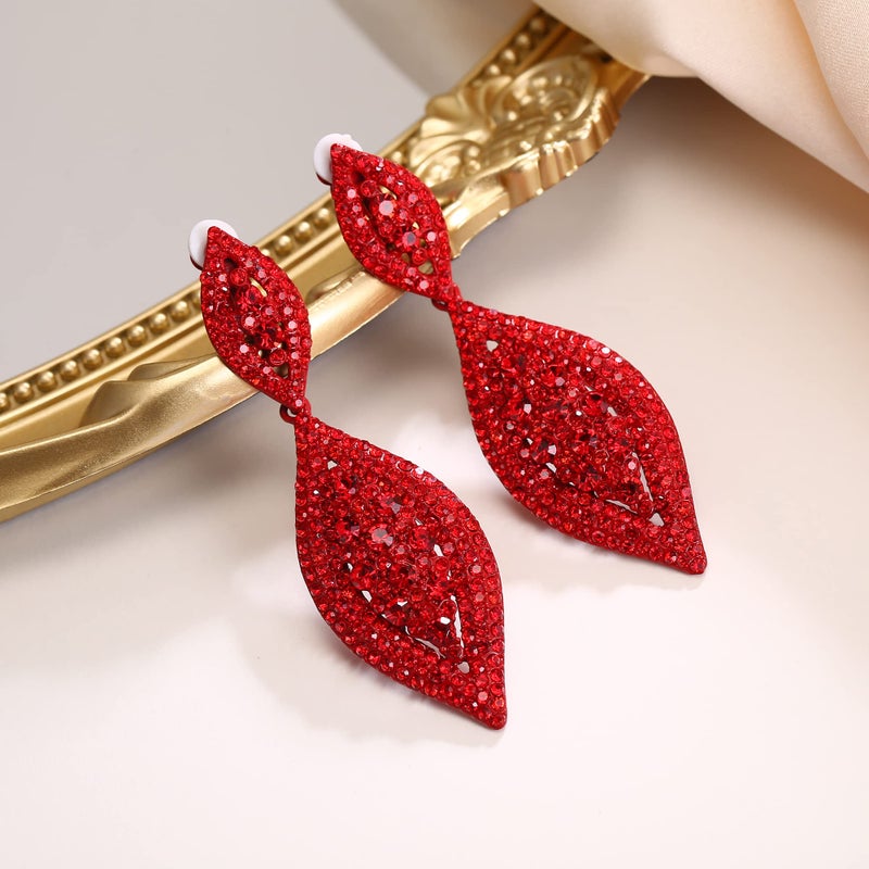 Flyonce Clip On Earrings for Women, Glitter Rhinestone Crystal Wedding Bridal Clip-on Drop Dangle Earring for Non Pierced Ears Red Red-Tone - Image 5